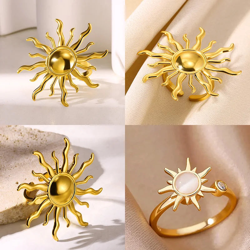 Überzogene Sonnenringe für Damen, goldfarben, Edelstahl, verstellbarer Sonnenring, modisches Jubiläumsparty-Glücksschmuckgeschenk