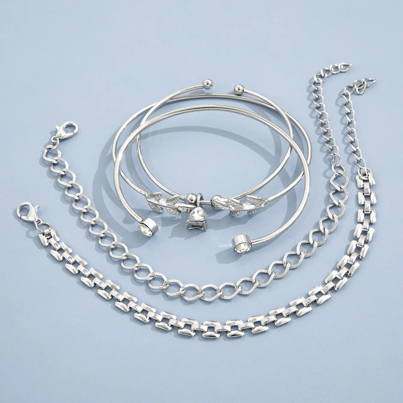 Böhmisches silberfarbenes geometrisches Gliederarmband-Set für Damen, Kristallblatt-offener Armreif, weiblicher Boho-Schmuck-Accessoire