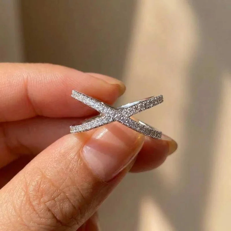 Anillo de compromiso de lujo de plata de ley 925 con forma de cruz X para mujer, pavé completo de circonitas, elegante y sencillo, para mujer, venta caliente