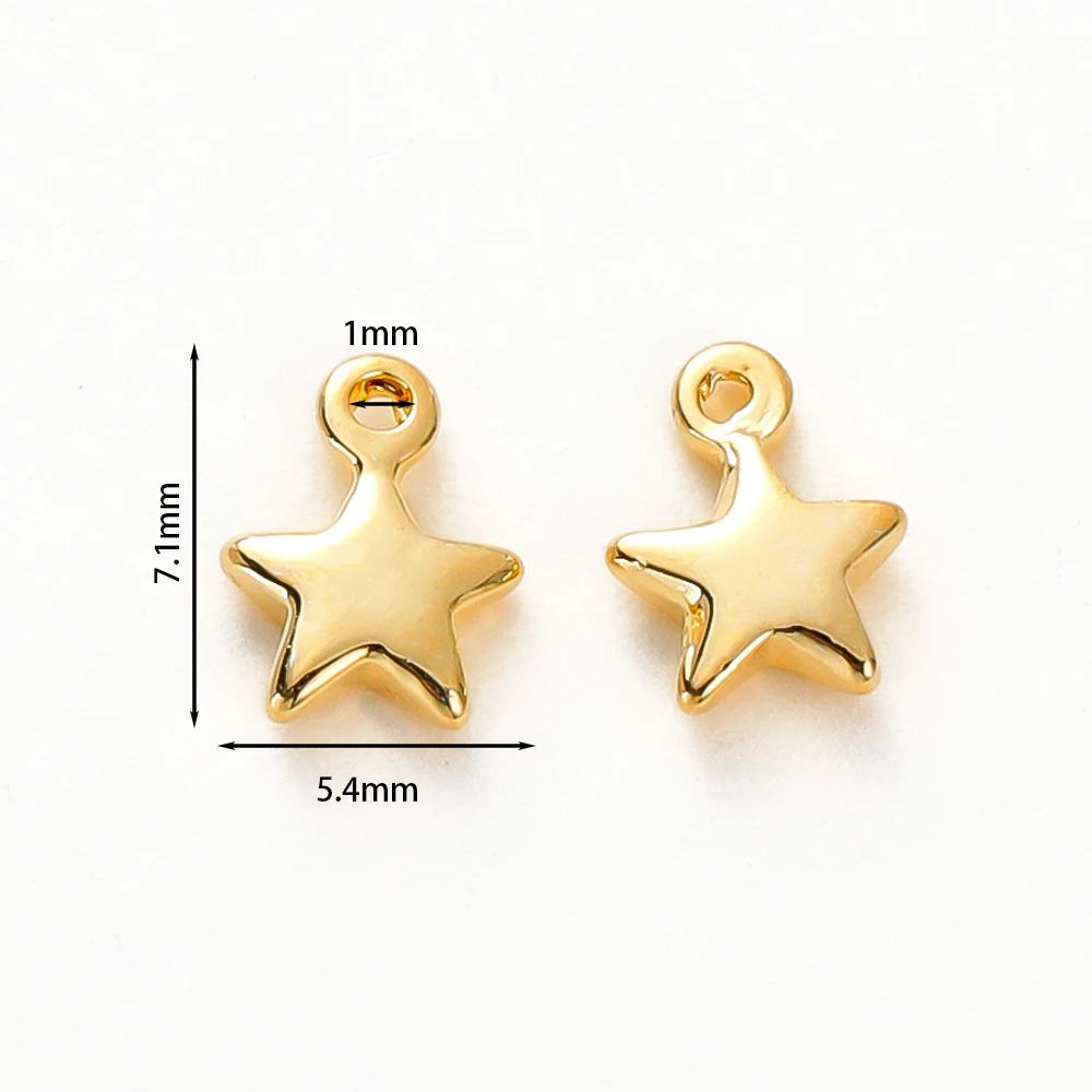 20 unidades/lote de dijes pequeños de estrella de latón chapado en oro de 14K y 18K de 5x7MM con orificio de 1.0MM de alta calidad para accesorios de joyería DIY