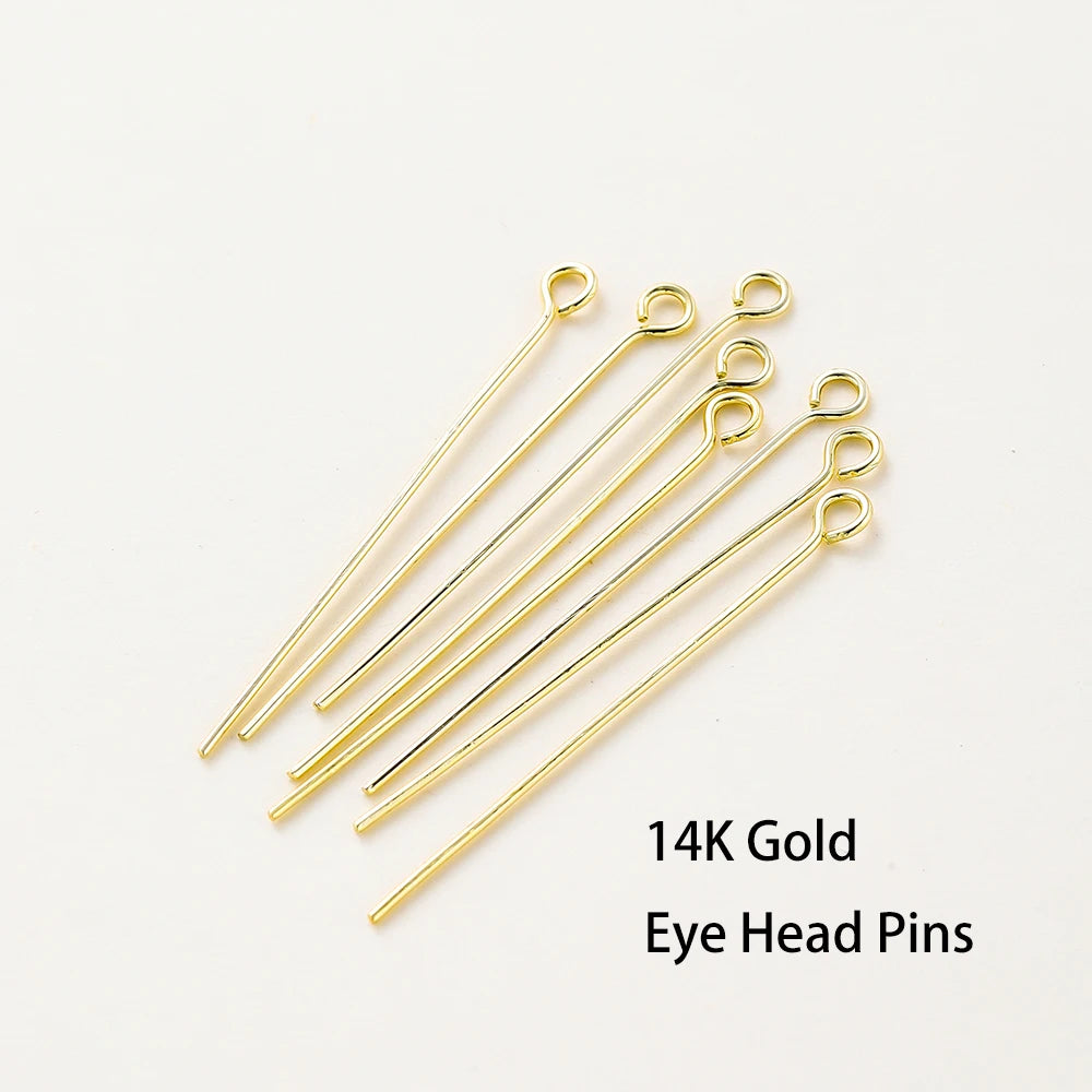 100 unidades/lote de 16-50 mm chapados en oro de 14K y 18K, alfileres de cabeza redonda para hacer joyas, accesorios de latón, metal, alfileres de cabeza plana y de ojal