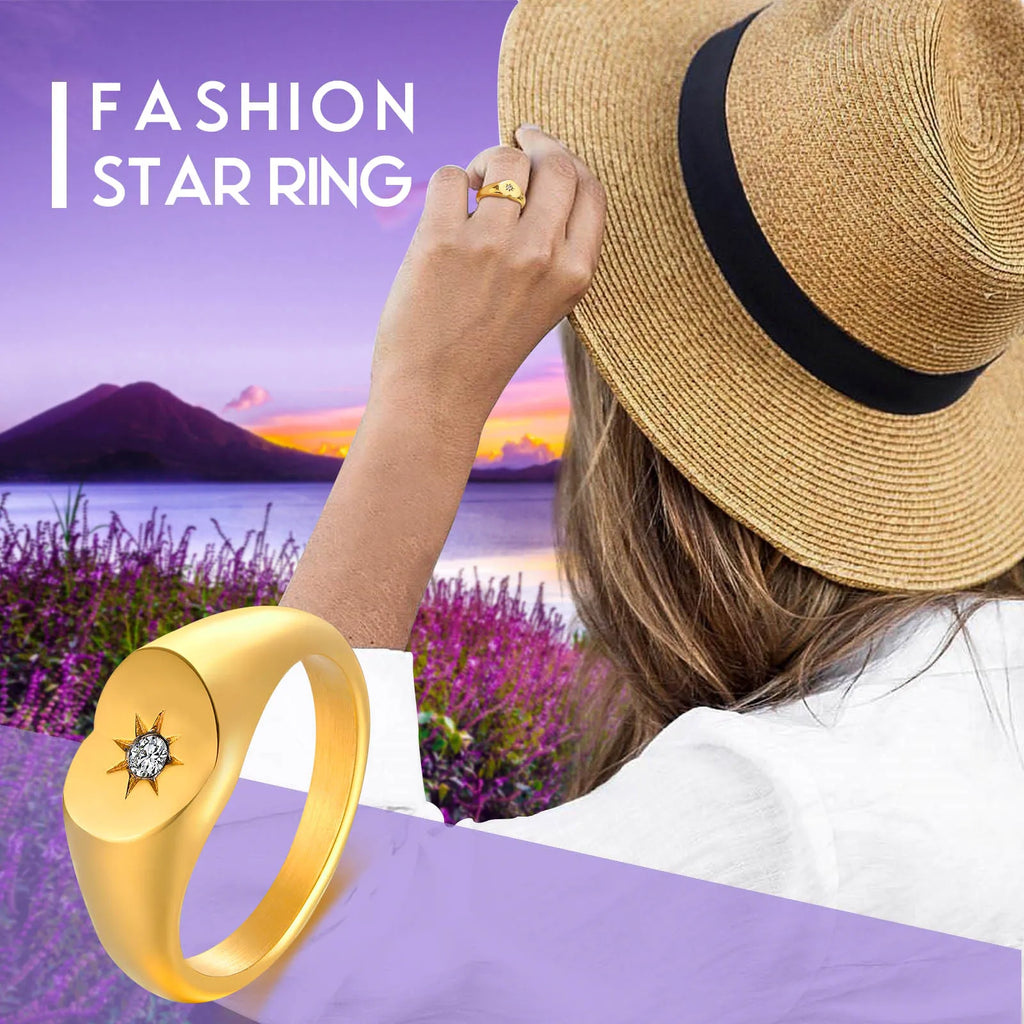 Anillo meñique de sello con sol de acero inoxidable, anillo con incrustaciones de circonita cúbica, chapado en oro, joyería de moda que no se deslustra