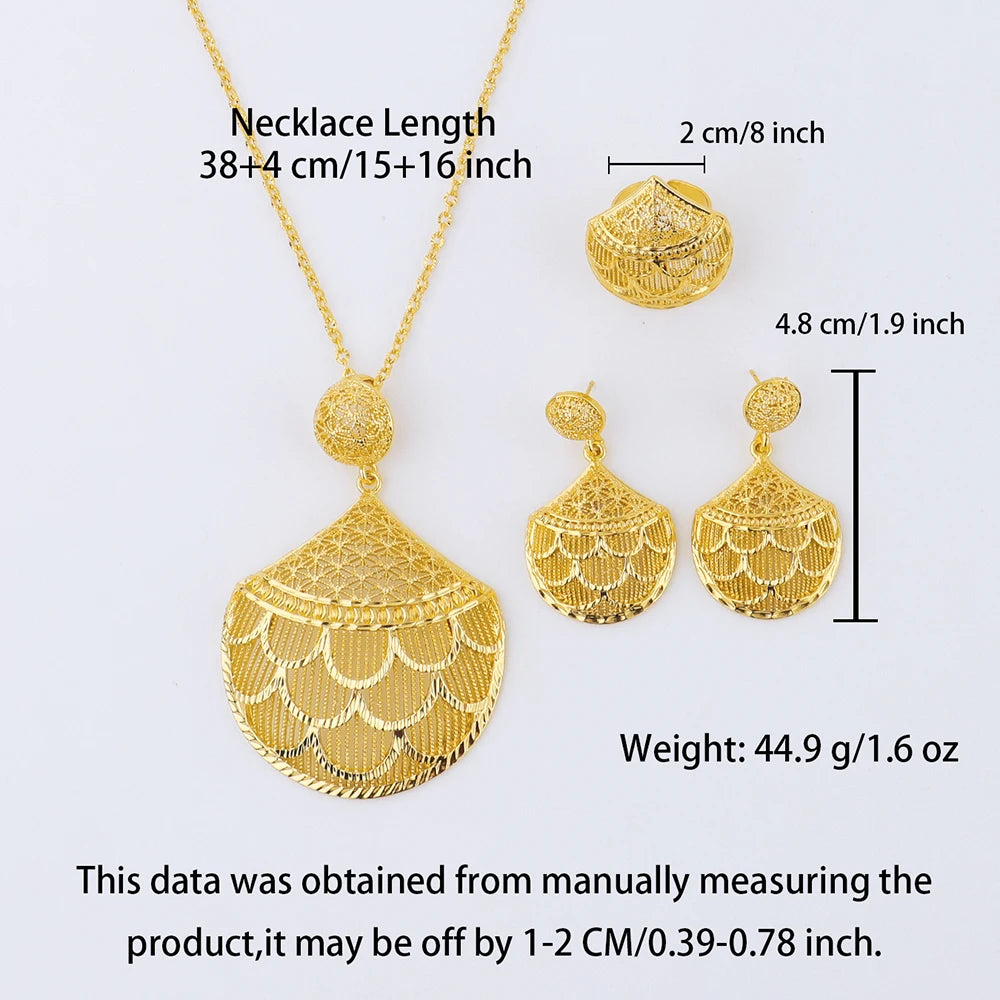 24 Karat goldfarbenes Party-Halskette-Ohrringe-Ringe-Set, luxuriöse Goldschmuck-Sets für Damen, Hochzeitsfeier-Accessoires