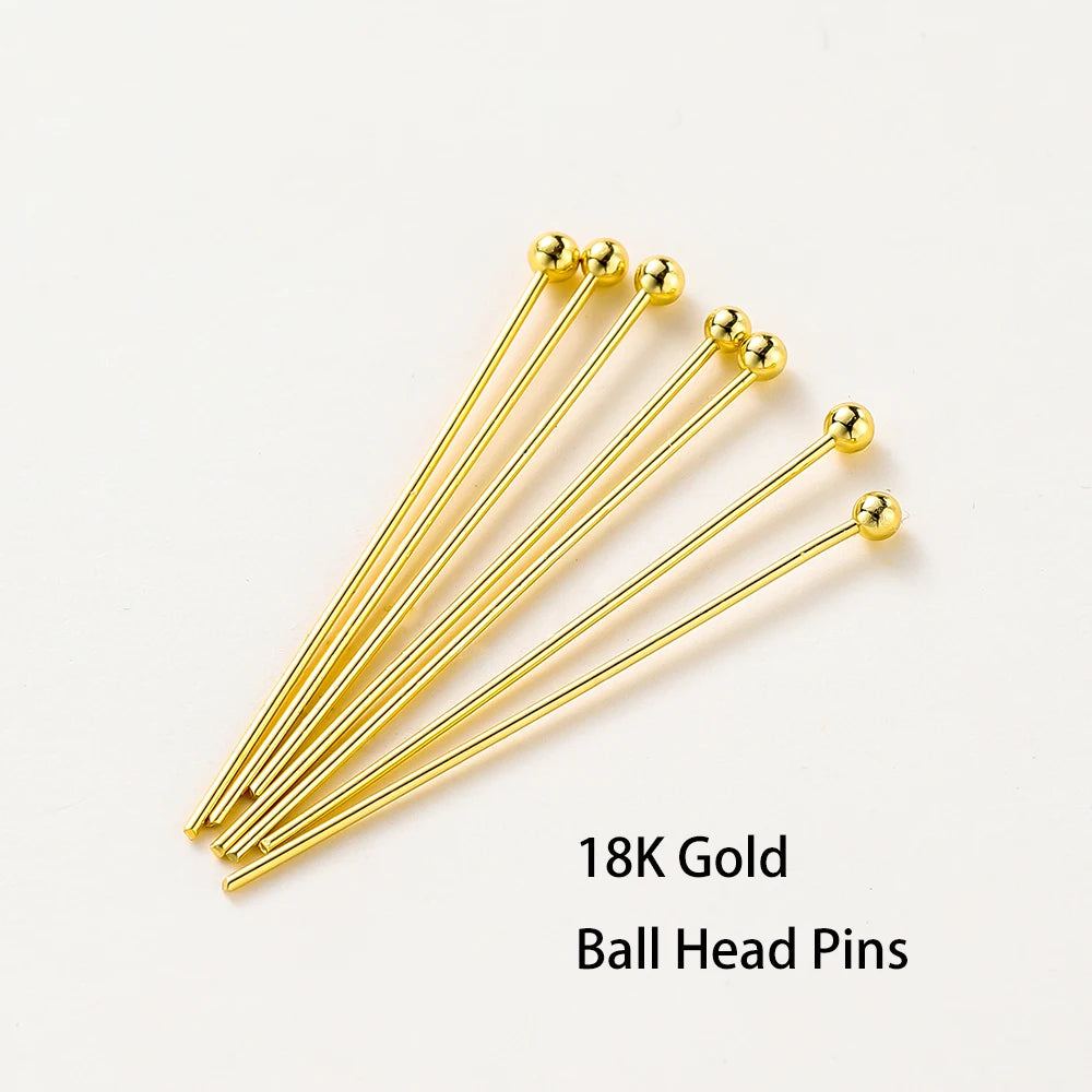 100 unidades/lote de 16-50 mm chapados en oro de 14K y 18K, alfileres de cabeza redonda para hacer joyas, accesorios de latón, metal, alfileres de cabeza plana y de ojal