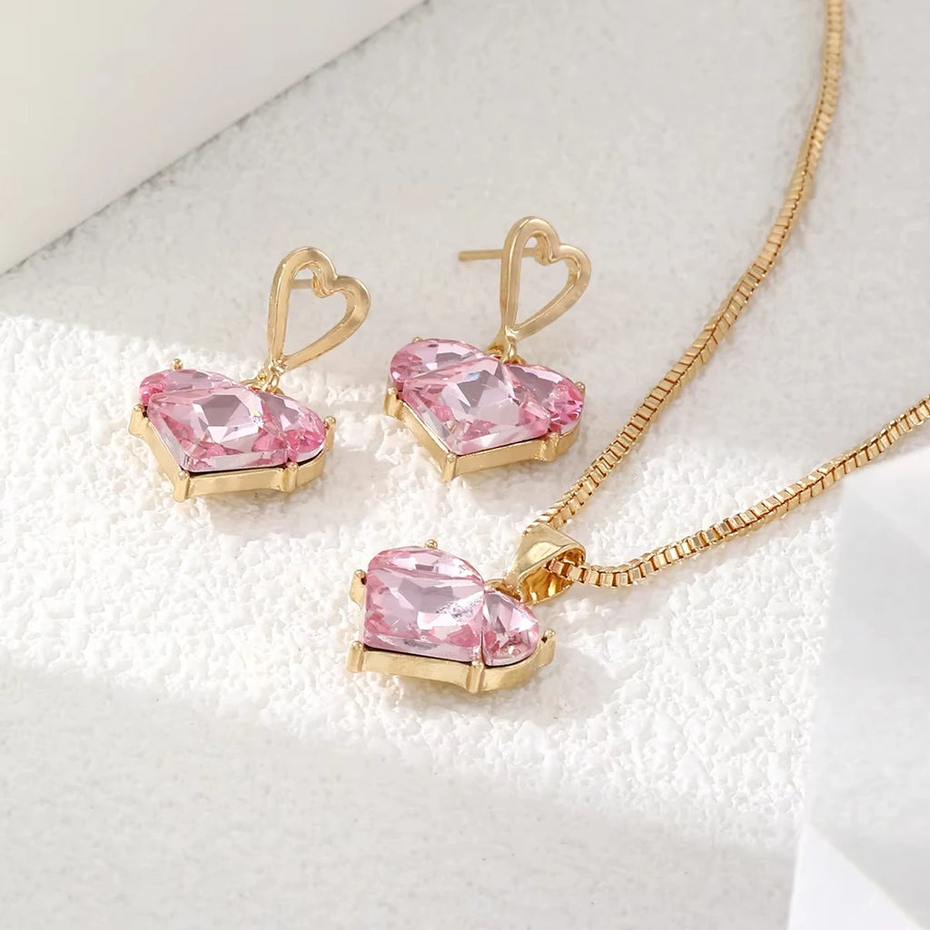 3tlg. Trendiges Y2K Herzförmiges Zirkon Rosa Kristall Anhänger Ohrringe Halsketten Set für Frauen Herz Elegant Exquisiter Party Schmuck