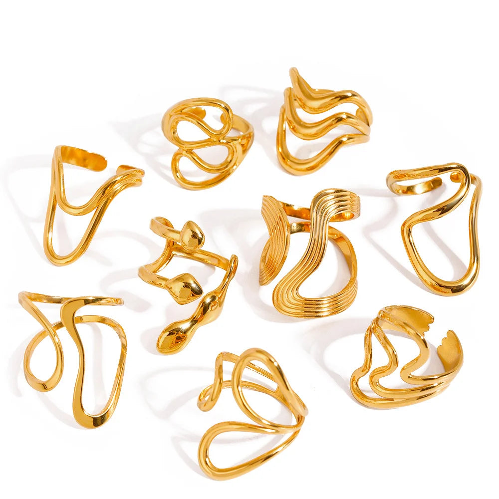 Edelstahl unregelmäßige Wellenringe für Frauen Kreativ Gold Farbe Verstellbarer offener Ring weiblicher Schmuck Punk Rapper Anillos Geschenke