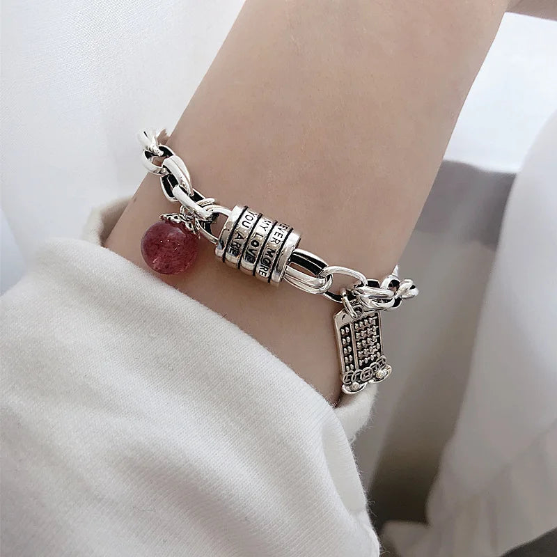 Sterling Silver plated Thai Silver Bracelet for Women Vintage Geometric Heart Love Lucky Punk Jewelry 2023 New Dropship