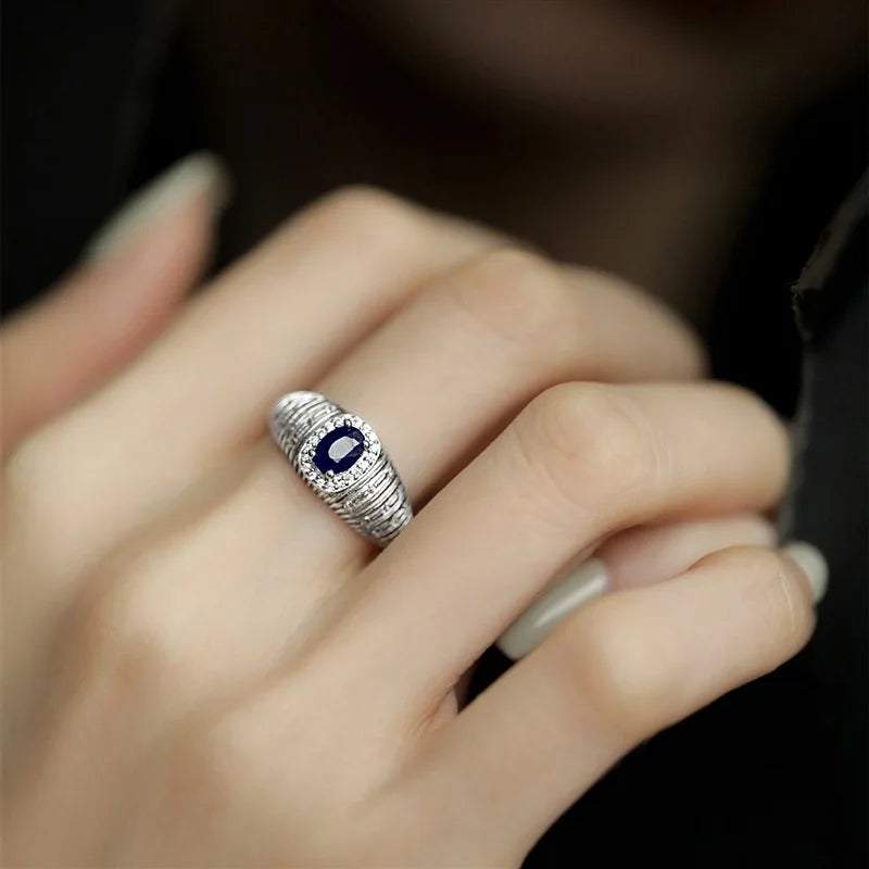 Anillo de plata de ley 925 chapado para mujer, regalo para niña, piedra negra, cristal esmaltado, retro, punk, abierto, joyería al por mayor