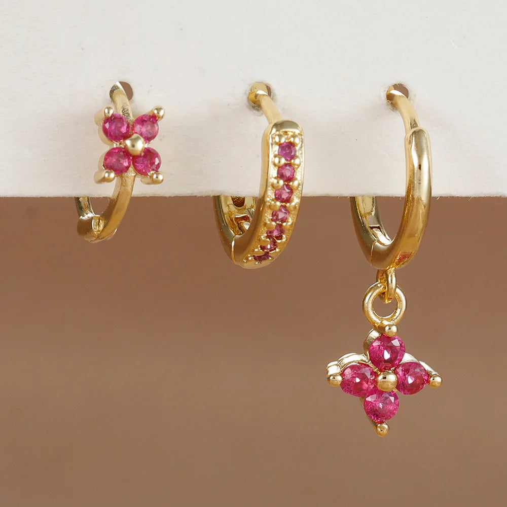 3 Paar modische orange-blaue Zirkon-Hängeohrringe für Damen, Edelstahl-Blumen-Baumelohrringe, Piercing-Schmuckset