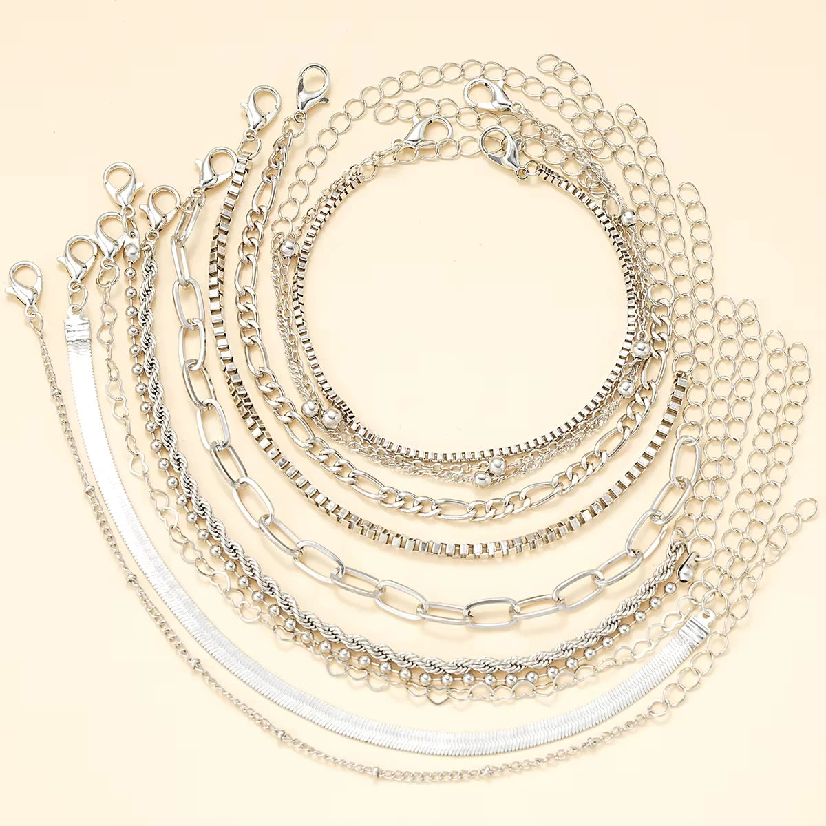 11-teiliges Set Boho Gedrehte Flache Schlangenketten-Fußkette für Frauen Sommer Strand Vintage Barfuß-Fußkettchen am Bein Schmuckzubehör
