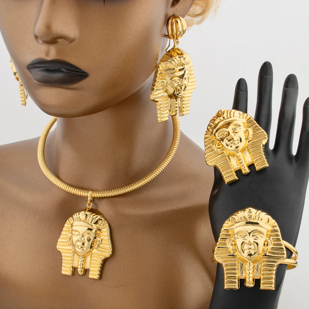 Goldfarbenes großes Schmuckset für Damen Menschliches Design Ohrringe Halskette Dubai Afrikanisches Armband Ring Hochzeitsbrautgeschenk
