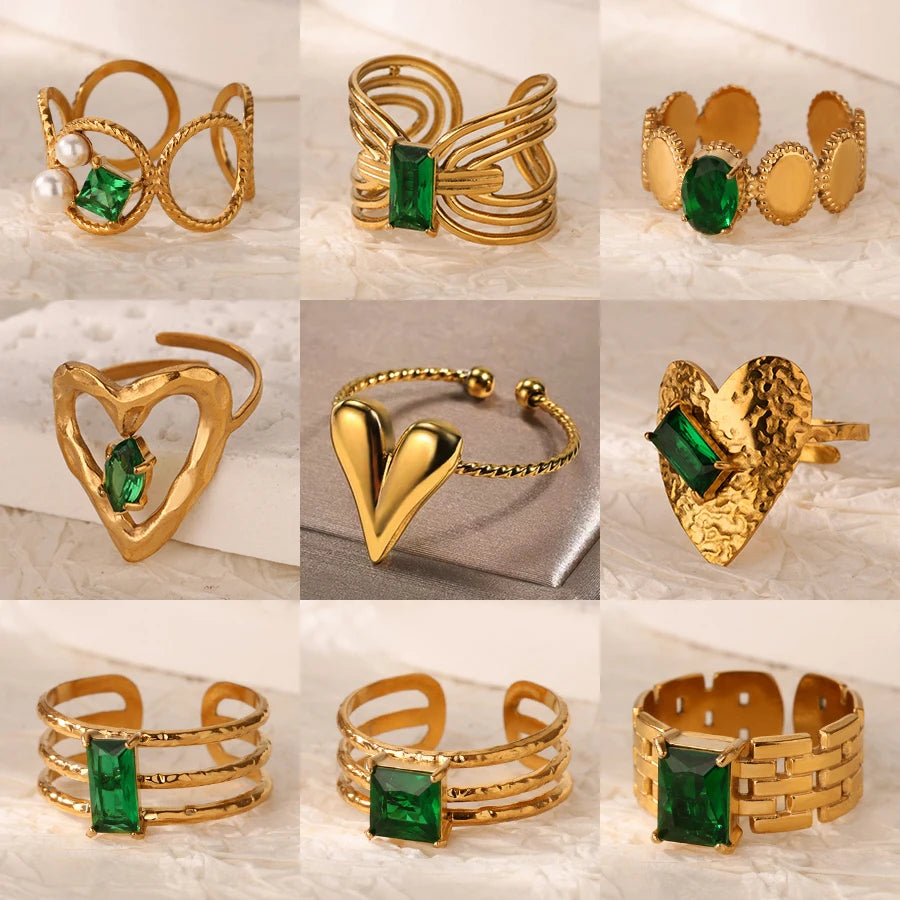 Grüne Zirkonia Herzringe für Damen, Vintage Goldfarben, Edelstahl, offener Ring, modischer ästhetischer Schmuck, Hochzeitsgeschenk
