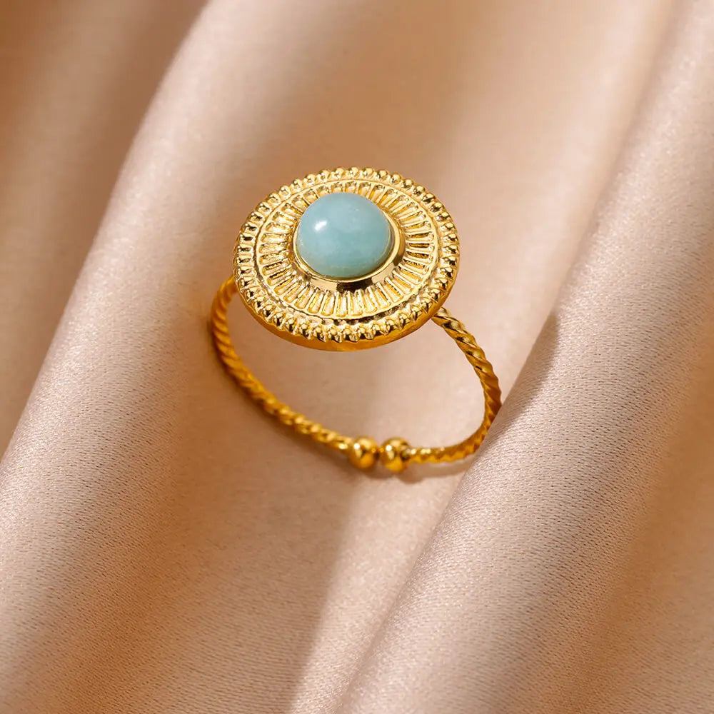 Goldfarbener Edelstahl Muschelringe für Frauen Vintage Oval Blauer Stein Verstellbarer Ring Mode Party Schmuck Jubiläumsgeschenk