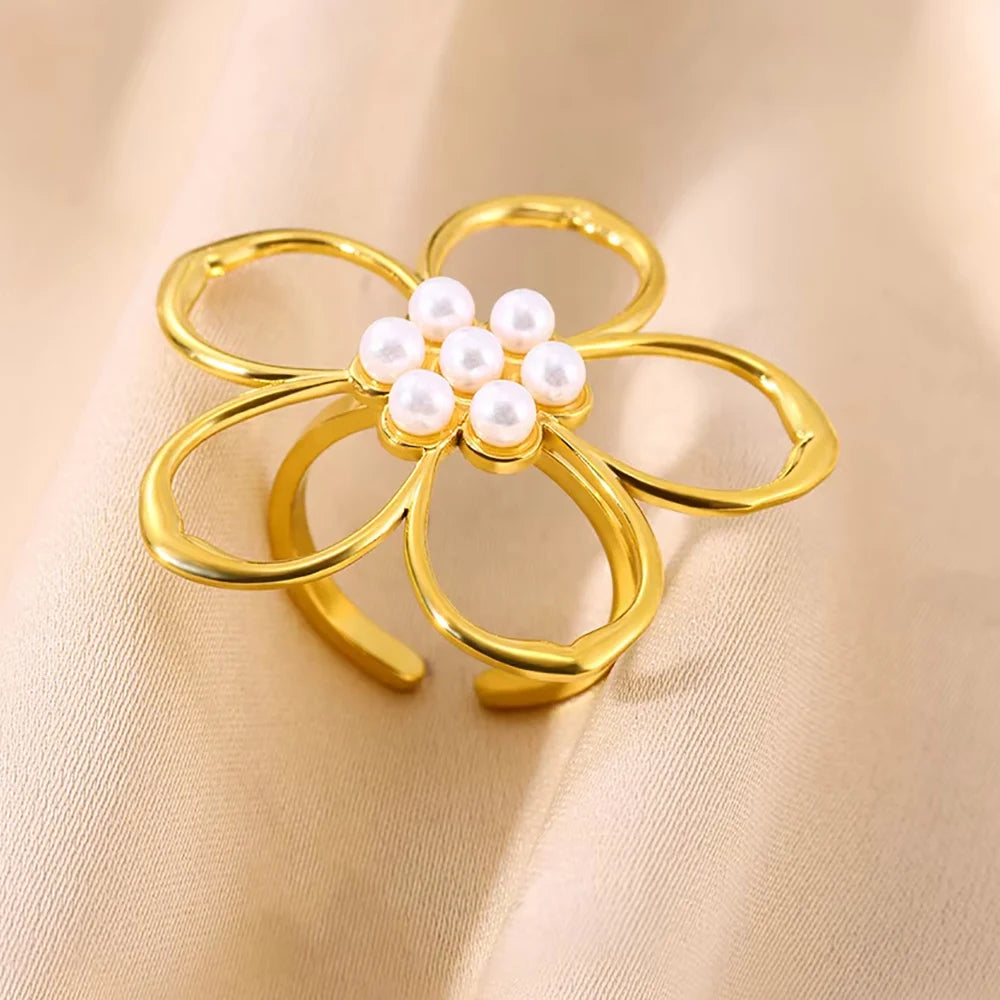 Edelstahl Blume Große Offene Ringe Für Frauen Gold Farbe Nachahmung Perle Hohlring Trendiger Ästhetischer Schmuck Geschenke