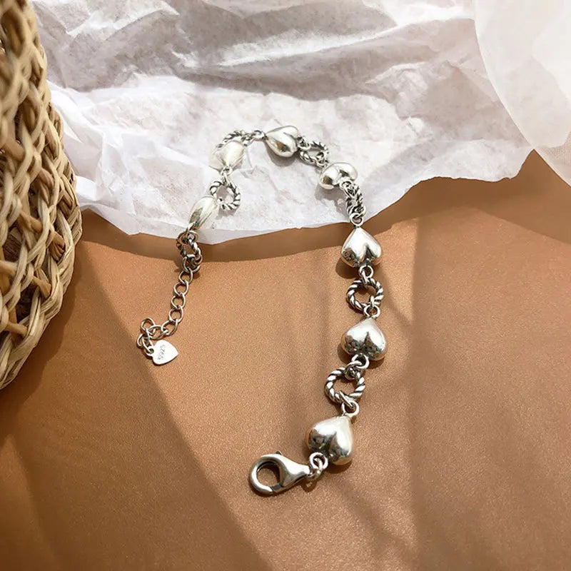 Sterling Silver plated Thai Silver Bracelet for Women Vintage Geometric Heart Love Lucky Punk Jewelry 2023 New Dropship