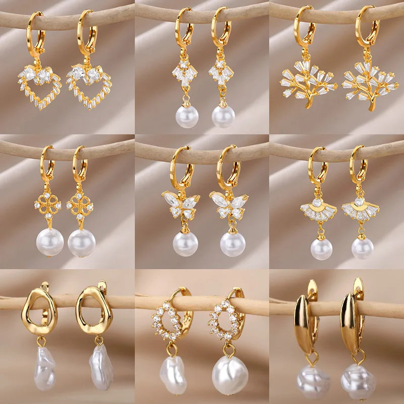 Natürliche Zirkon-Perlenohrringe für Frauen, vergoldet, Edelstahl, geometrische Creolen mit Perlen, Hochzeit, Brautjungfern, Schmuckgeschenk