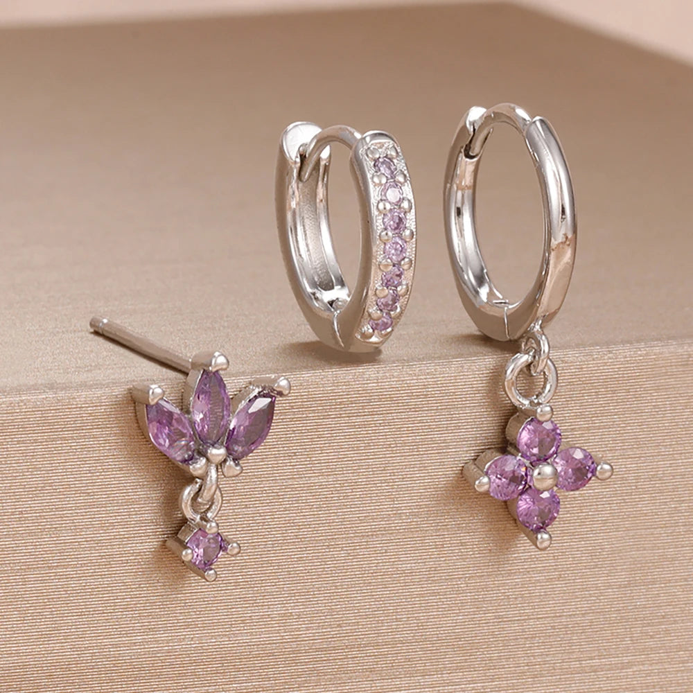 3 Paar modische orange-blaue Zirkon-Hängeohrringe für Damen, Edelstahl-Blumen-Baumelohrringe, Piercing-Schmuckset