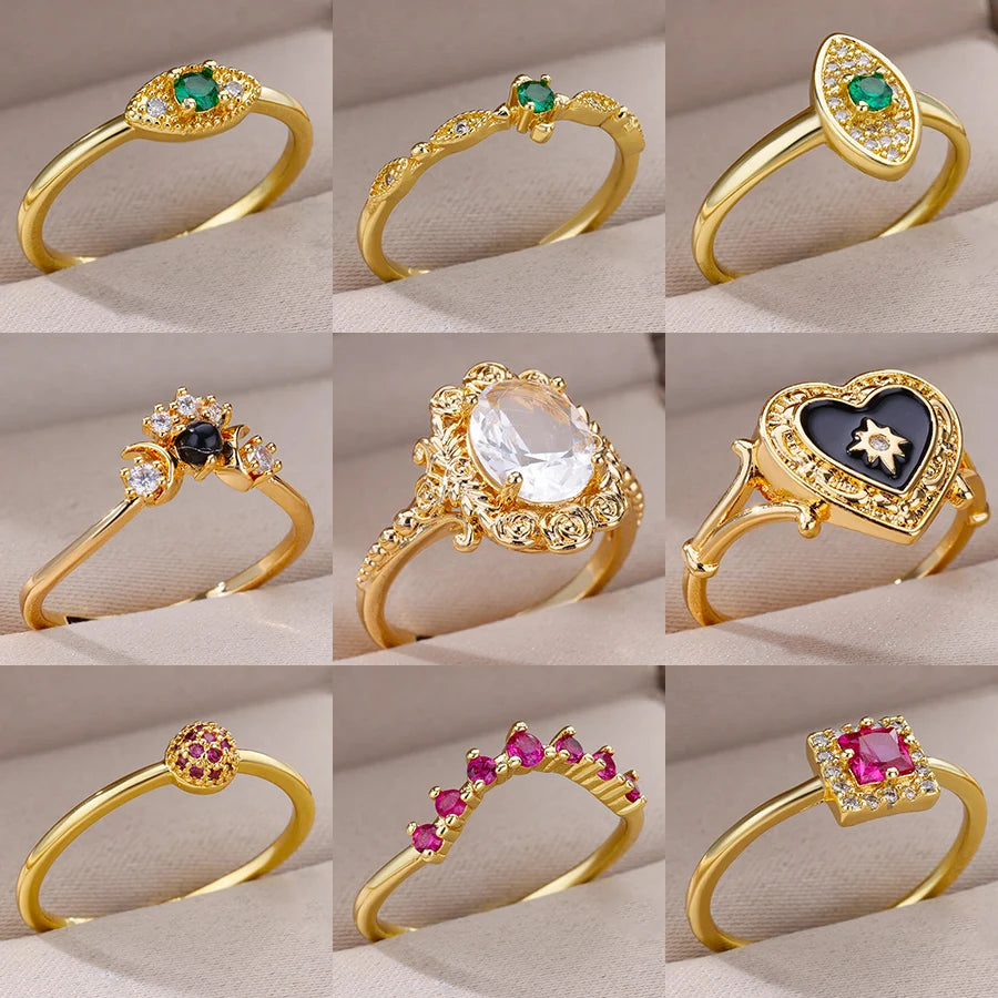 Goldfarbener Edelstahlring für Frauen Bunter Zirkonia Herz Öffnender verstellbarer Ring Modeschmuck Hochzeitsgeschenk