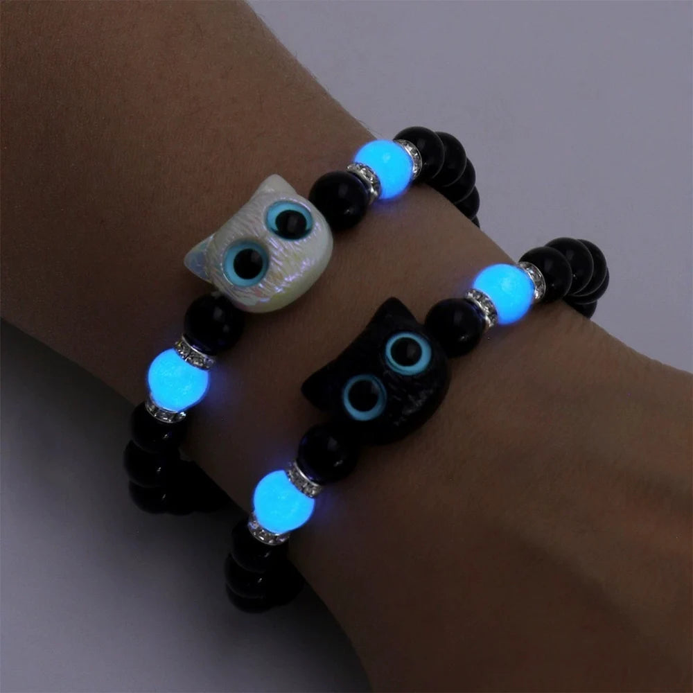 1 Paar passende Armbänder Pärchen Damen Herren Leuchtende süße Katze Freundschaftsarmband Schwarz-Weißer Katzenkopf Perlenstrang Armband