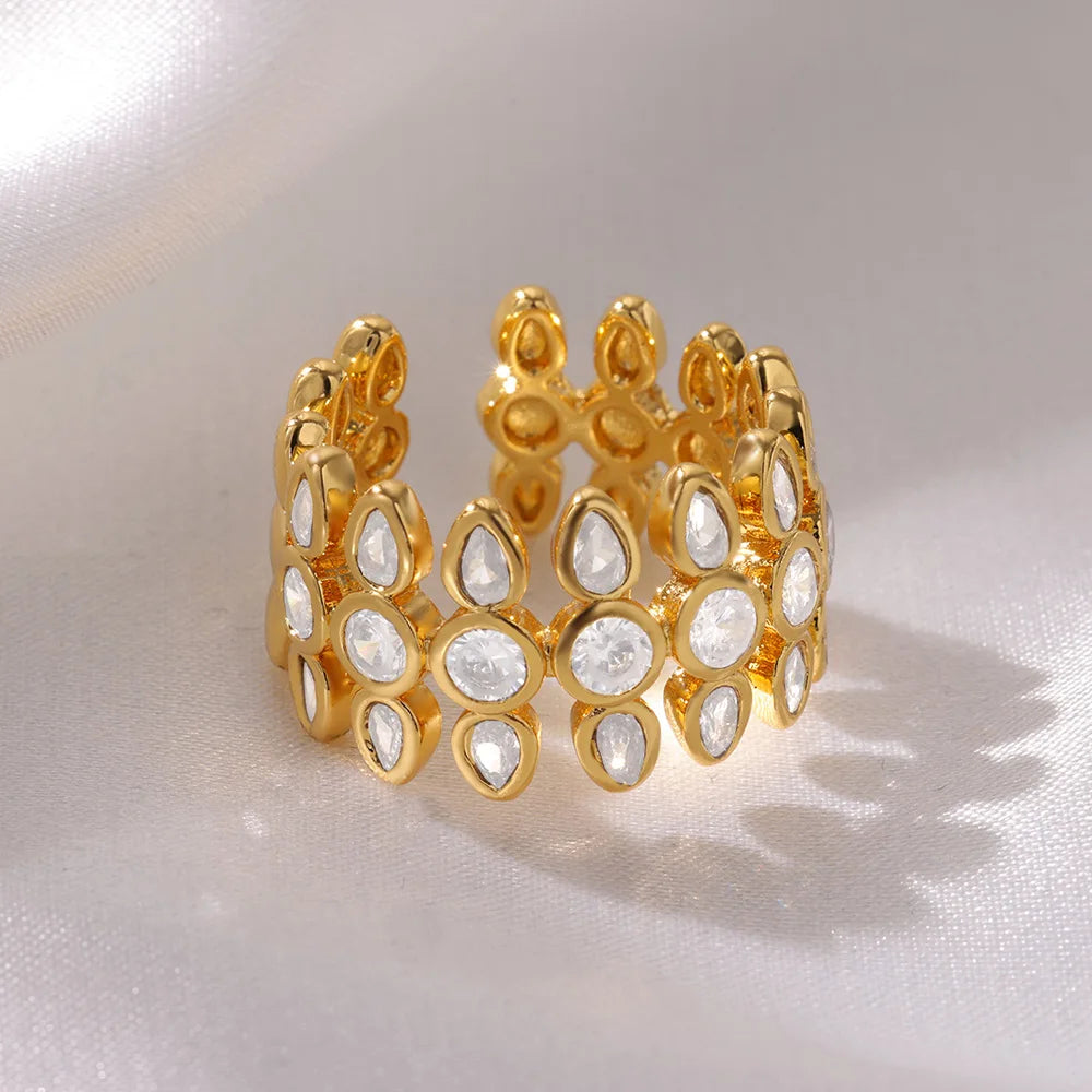 Weiße Zirkon Geometrische Edelstahlringe für Frauen Goldfarbe Verstellbarer Hochzeit Ästhetik Ring Schmuck Geschenk Zubehör