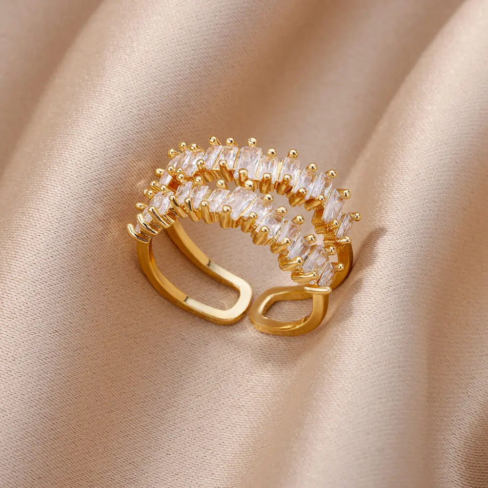 Goldfarbene Zirkonia-Ringe für Damen Offener Edelstahl Grüner Luxus-Kristall-Fingerring Boho Schmuck Hochzeitsfeier Geschenk