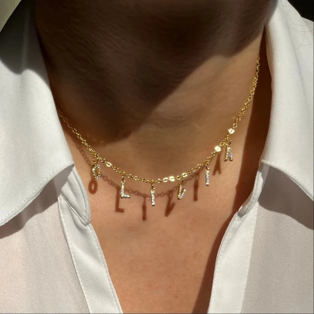 SUNIBI Customized  Name Necklace Personalized Zircon Letter Stainless Steel Choker Necklace Pendant Nameplate Gift Dropshipping