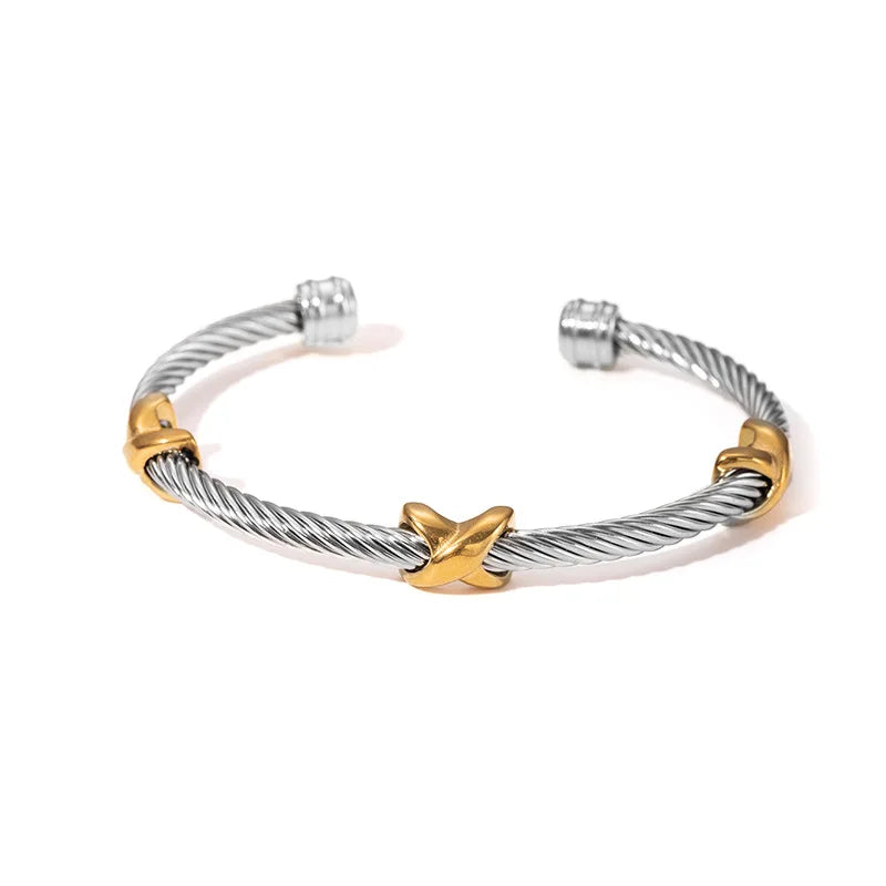 1x Edelstahl vergoldet Armreif Trendiger Retro Hip-Hop Stil Armband Fried Dough Twists Stahldrahtseil Farbfester Armreif