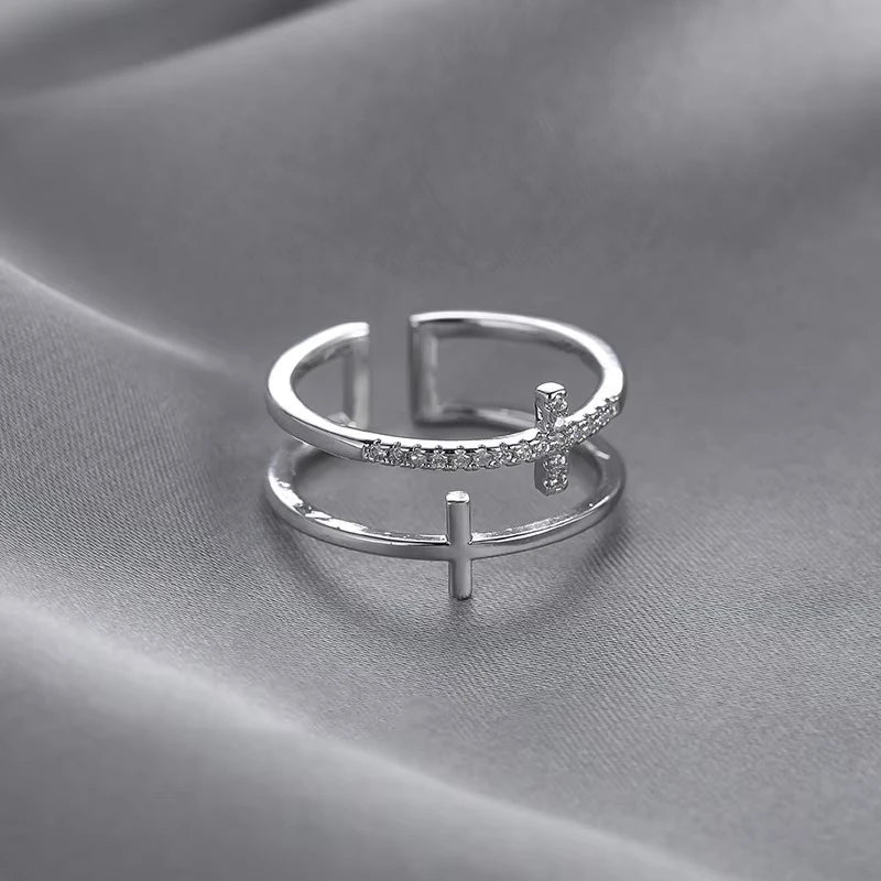 Anillo Abierto Doble Capa Cruzado para Mujer, Minimalista, Color Oro Plata, Ajustable, Joyería Femenina para Fiesta Boda