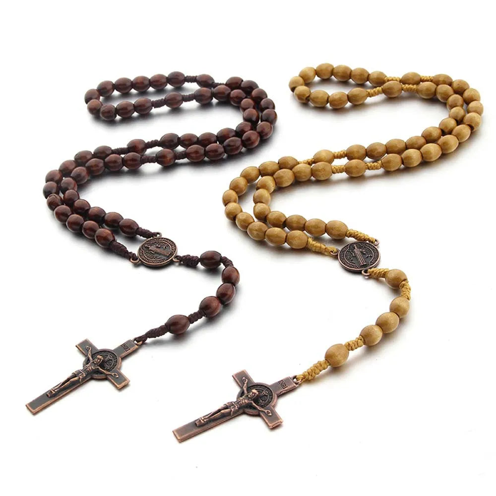 Handgemachte Rosenkranz-Halskette aus Holzperlen für Damen und Herren, Kruzifix-Kreuz-Anhänger, lange geflochtene Seilkette, religiöser Gebetsschmuck