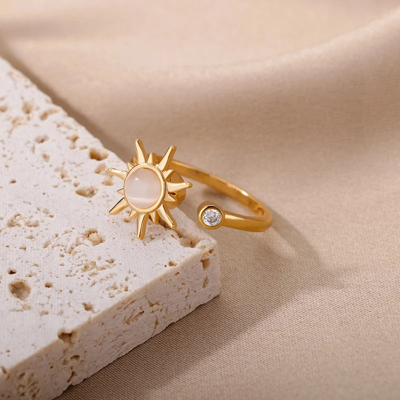 Rotierender Sonnen-Opal-Ring für Damen, Edelstahl, Retro-Charme, verstellbare offene Ringe, Party-Schmuck, Geschenk für die beste Freundin, Bijoux Femme