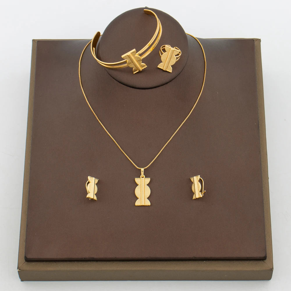 Elegantes Mädchenschmuck-Set für Partys, Kupfer-Goldfarbene Halskette und Creolen und Halsketten-Armreif-Ring-Set für Hochzeitsgeschenke