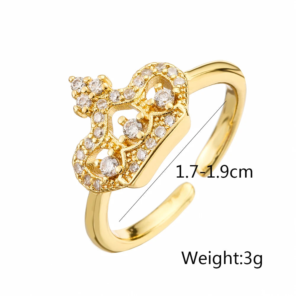 NEWBUY 2025 Trendige goldfarbene Kronen-Anhänger-Fingerringe, offenes Design, verstellbar, glänzende Zirkonia-Hochzeits-Schmuck für Damen