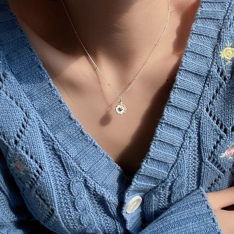 VENTFILLE Collar de plata de ley 925 con cuentas de textura de corazón de amor para mujer y niña, diseño estereoscópico, joya de doble cara, regalo al por mayor
