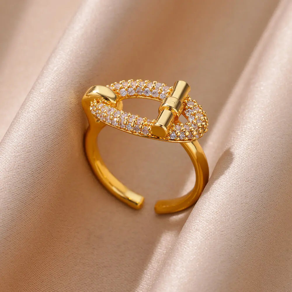Edelstahl Oval Hohl Zirkon Offene Ringe Für Frauen Gold Farbe Trendiger Hochzeitsästhetischer Ring Sommer Schmuck Accessoires BFF
