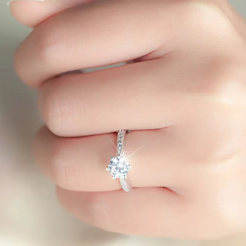 Anillo clásico de lujo de plata de ley 925 para mujer con seis garras, joyería sencilla, imitación de diamante, anillo para mujer, regalo de compromiso o boda