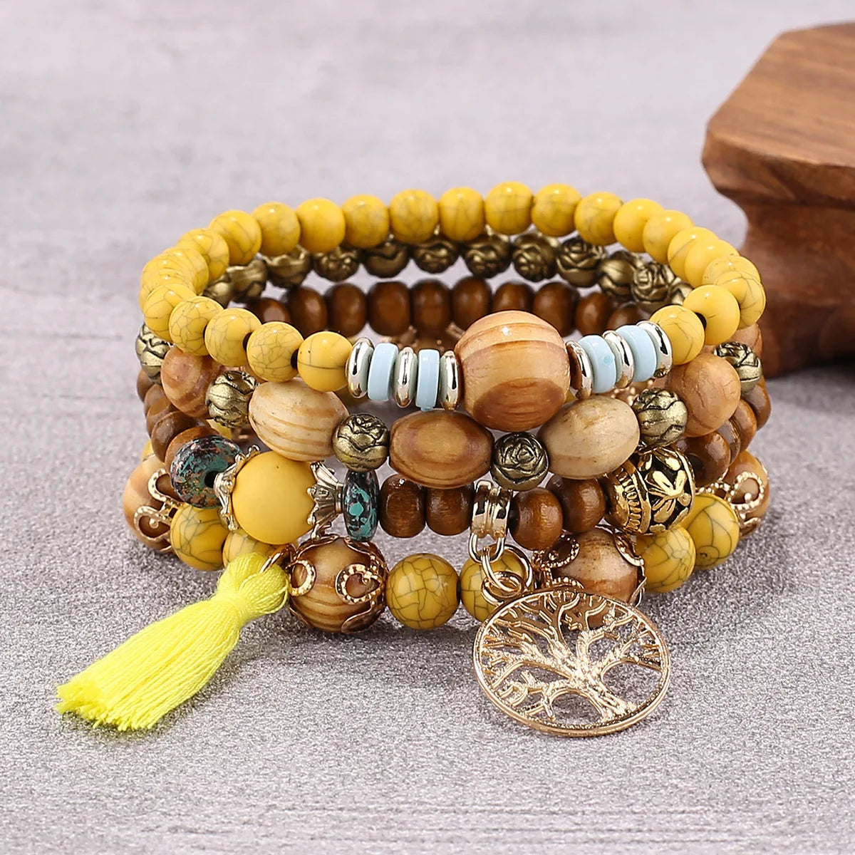 Boho Lebensbaum-Armband-Set für Frauen, modische Quasten, Charms, Holzperlen, elastische Kette, Armreif, trendiger Party-Schmuck für Mädchen