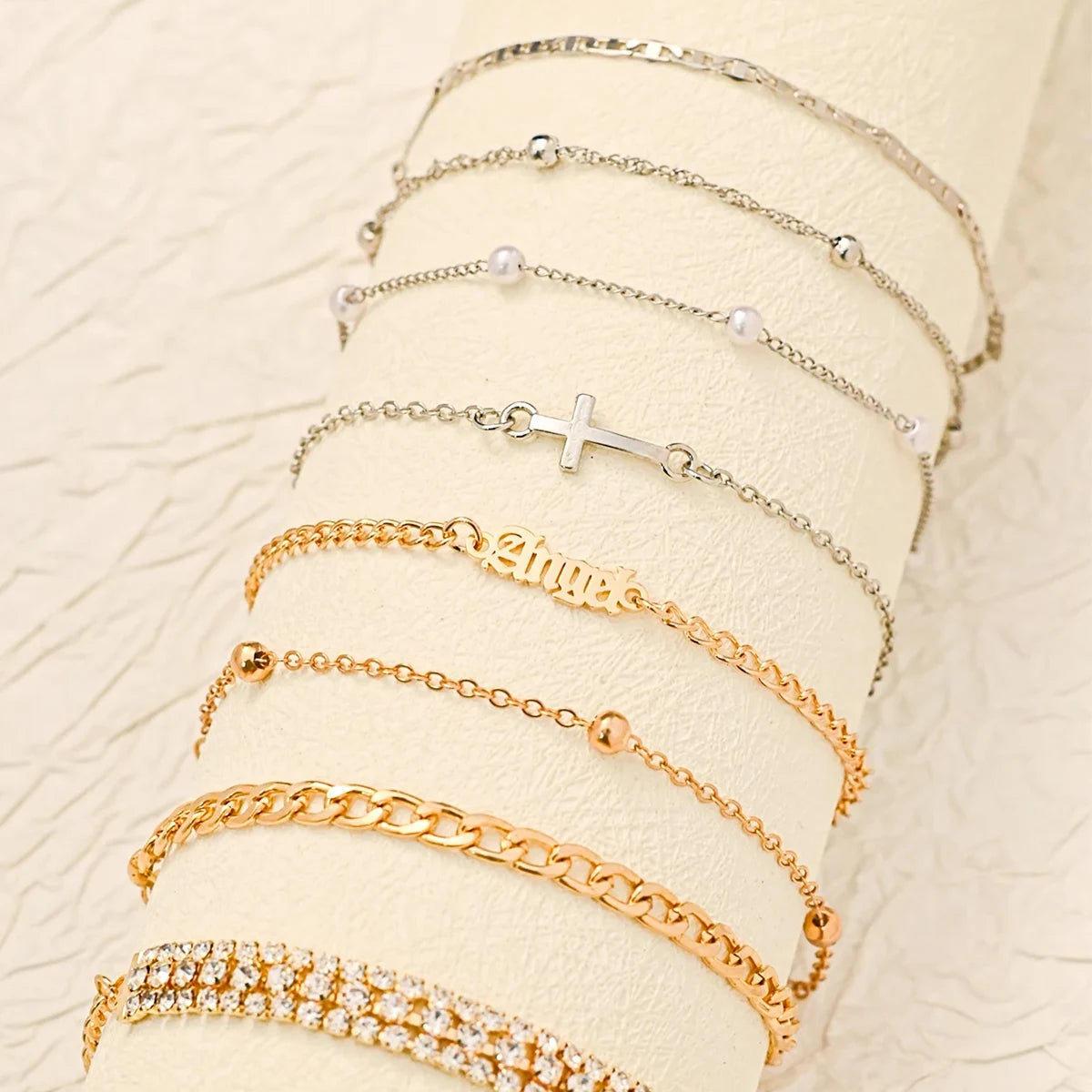 8 Stück Mode Damen Edelstahl Armband Stapelbar für Frauen, Dünnes Herribone Kettenarmband Wasserdicht Vergoldeter Schmuck