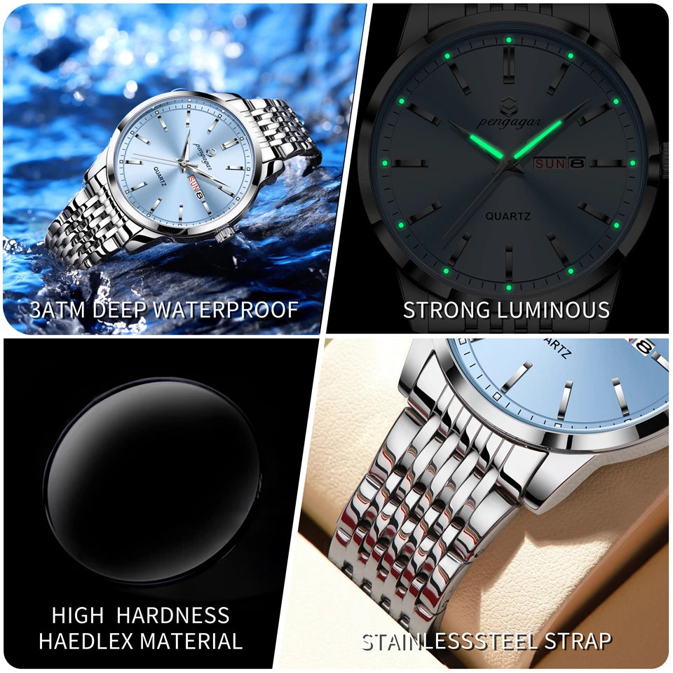 PENGAGAR Reloj de Lujo para Hombre, Impermeable, Luminoso, Fecha, Semana, Acero Inoxidable, Reloj de Cuarzo Casual para Hombre, Reloj Masculino + caja