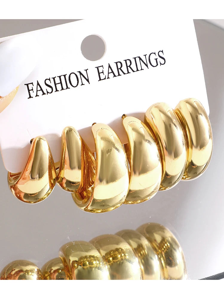 12-teiliges Set klassische Mode Twist C-Form Tropfen-Design Damen goldfarbene Ohrringe für Alltag, Arbeit und Party-Outfits 2024
