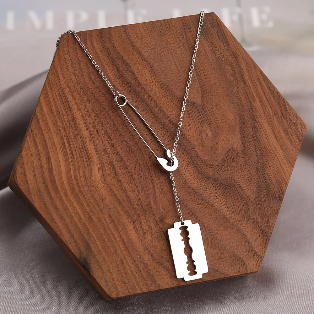 Stainless Steel Necklaces Paperclip Design Gothic Hip Hop Blade Pendants Chains Choker Necklace For Women Jewelry