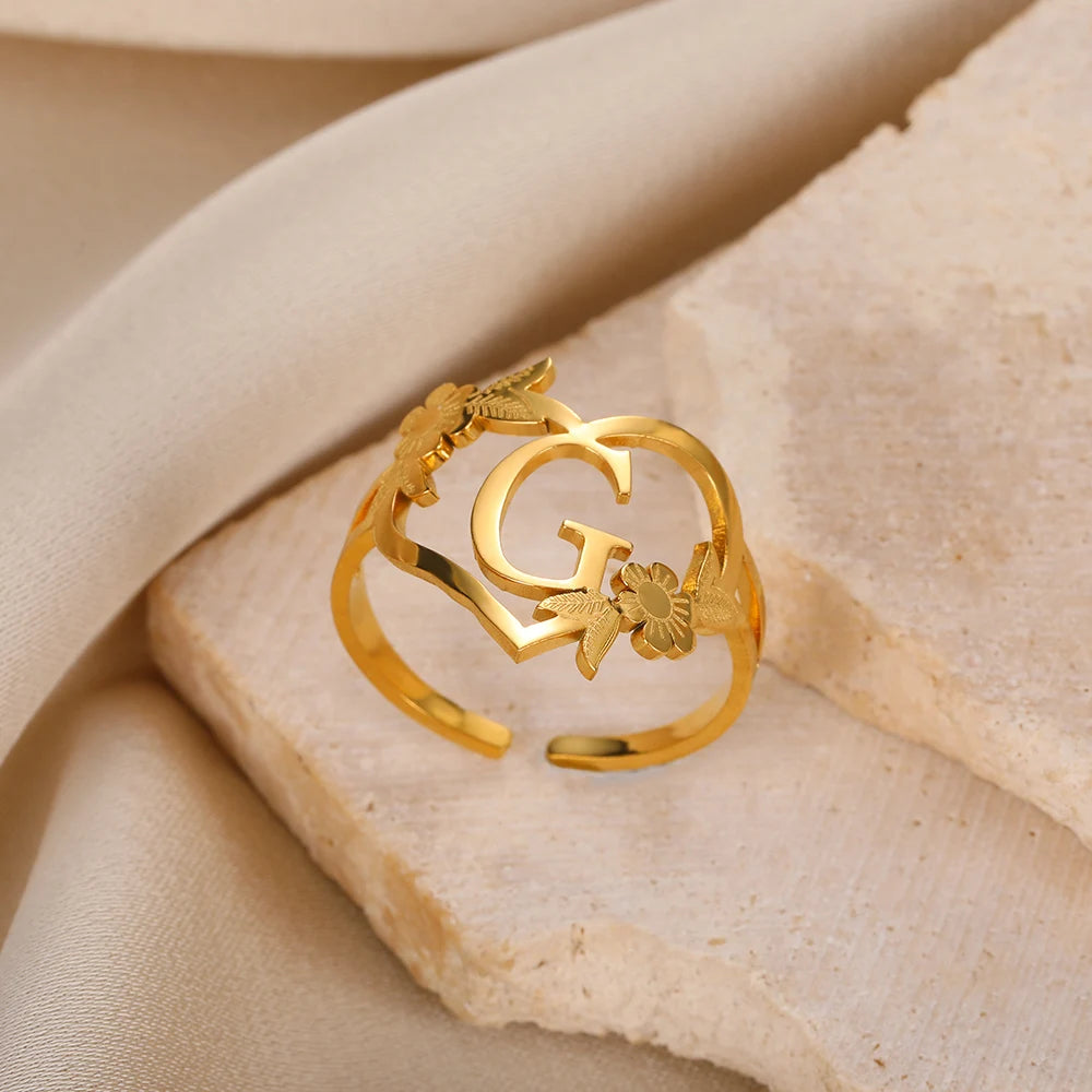 Edelstahl Initialen Buchstaben Herzringe für Frauen Mädchen Goldfarben Blumen Alphabet Ring Mode Valentinstags Schmuck Geschenk