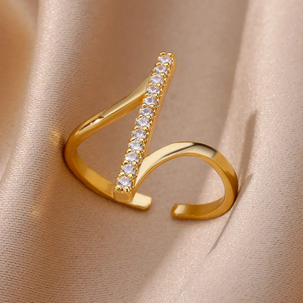 Zirkon Geometrische Ringe für Frauen Goldfarben Edelstahl Öffnungsring Luxus Hochzeitsfeier Ästhetischer Schmuck Geschenk Femme 2024