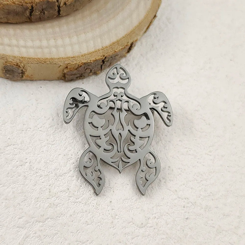 Creative punk style hollow fun turtle stainless steel gold-plated 18K brooch, black suit accessories, wedding matching set