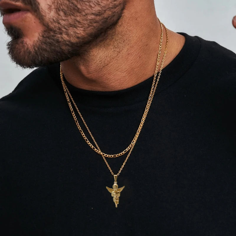 Collar con dije de ángel de Cupido religioso de acero inoxidable, bañado en oro de 18 quilates, con dije de ángel sólido en 3D, para hombre