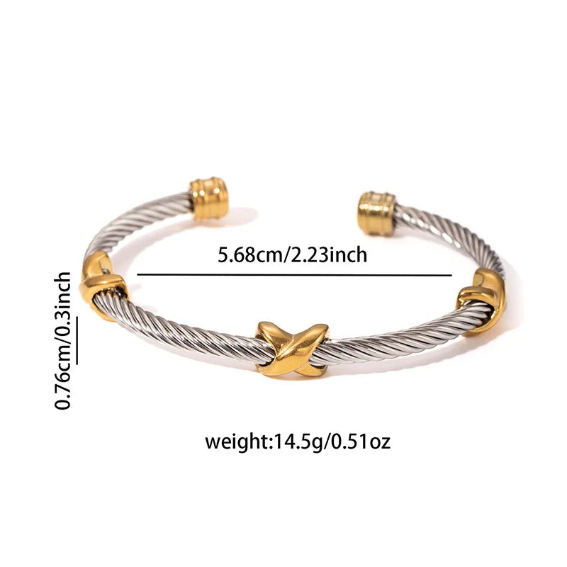 1x Edelstahl vergoldet Armreif Trendiger Retro Hip-Hop Stil Armband Fried Dough Twists Stahldrahtseil Farbfester Armreif