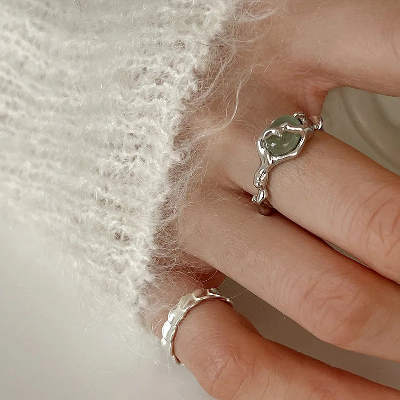 925 Sterling Silber vergoldeter Flüssiger Lava Hetian Jade Bambus Ring für Frauen Mädchen Geschenk Unregelmäßiger Vintage Schmuck Dropshipping