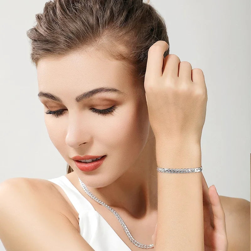 URBABY 925 Sterling Silber 2-teiliges 6MM durchgängiges seitliches Ketten-Halsketten-Armband für Damen Herren Modeschmuck-Sets Hochzeitsgeschenk