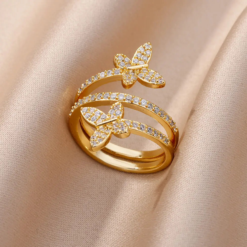 Luxuriöse Rosenblüten-Zirkon-Ringe für Frauen, goldfarben, Edelstahl, modischer Schmetterlingsring 2023, ästhetischer Hochzeitsschmuck, Geschenk