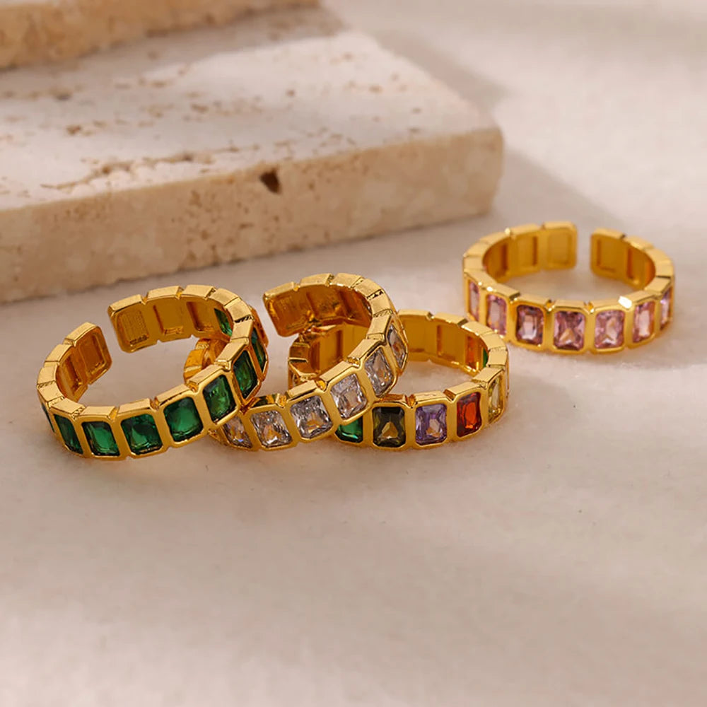 Bunter Zirkonia-Ring für Damen, Edelstahl, goldfarben, offener Ring, Vintage-Boho-Hochzeitsfeier-Schmuck, Geschenk-Accessoires
