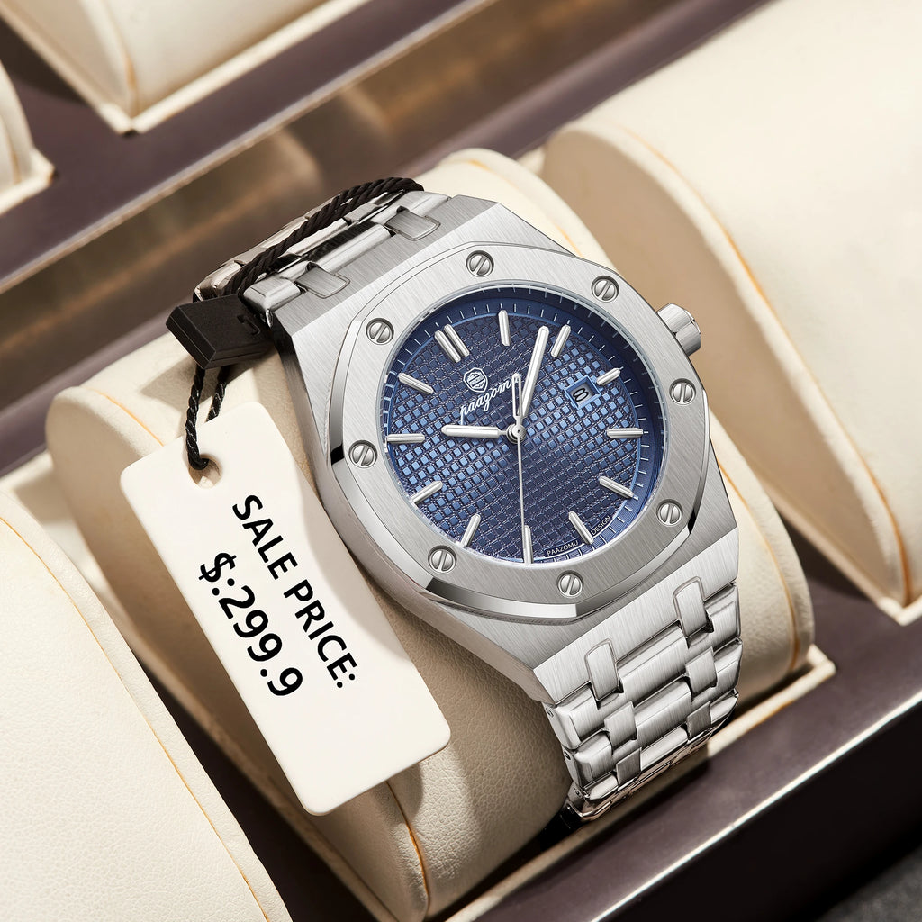 PAAZOMU Reloj de pulsera de lujo para hombre, resistente al agua, luminoso, con fecha, de acero inoxidable, a la moda, de cuarzo, para hombre, Reloj